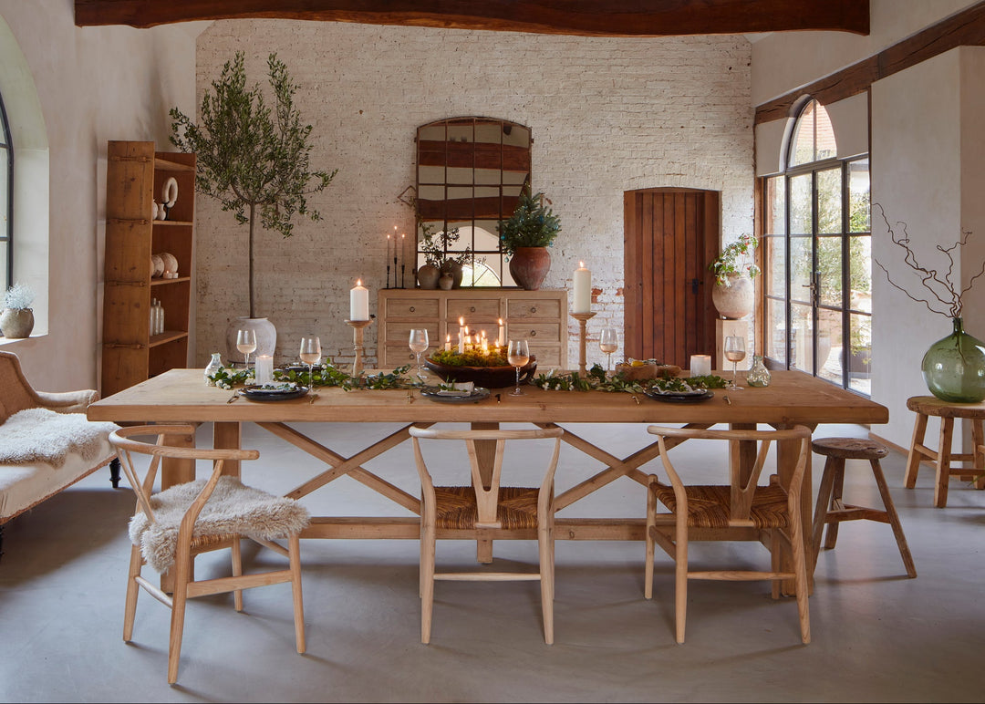 3 metre reclaimed wood refectory dining table with double cross base comfortably seating up to ten