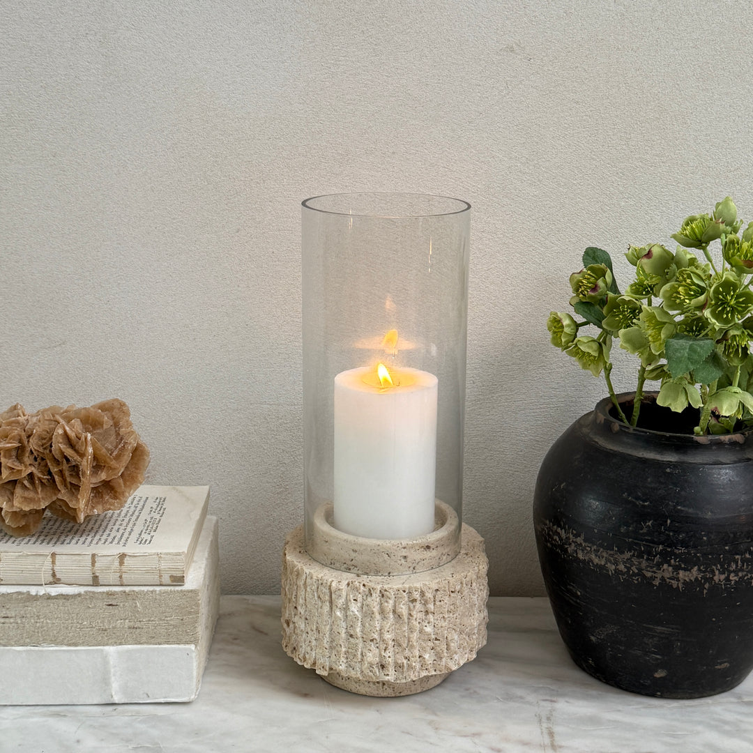 Travertine marble hurricane lantern