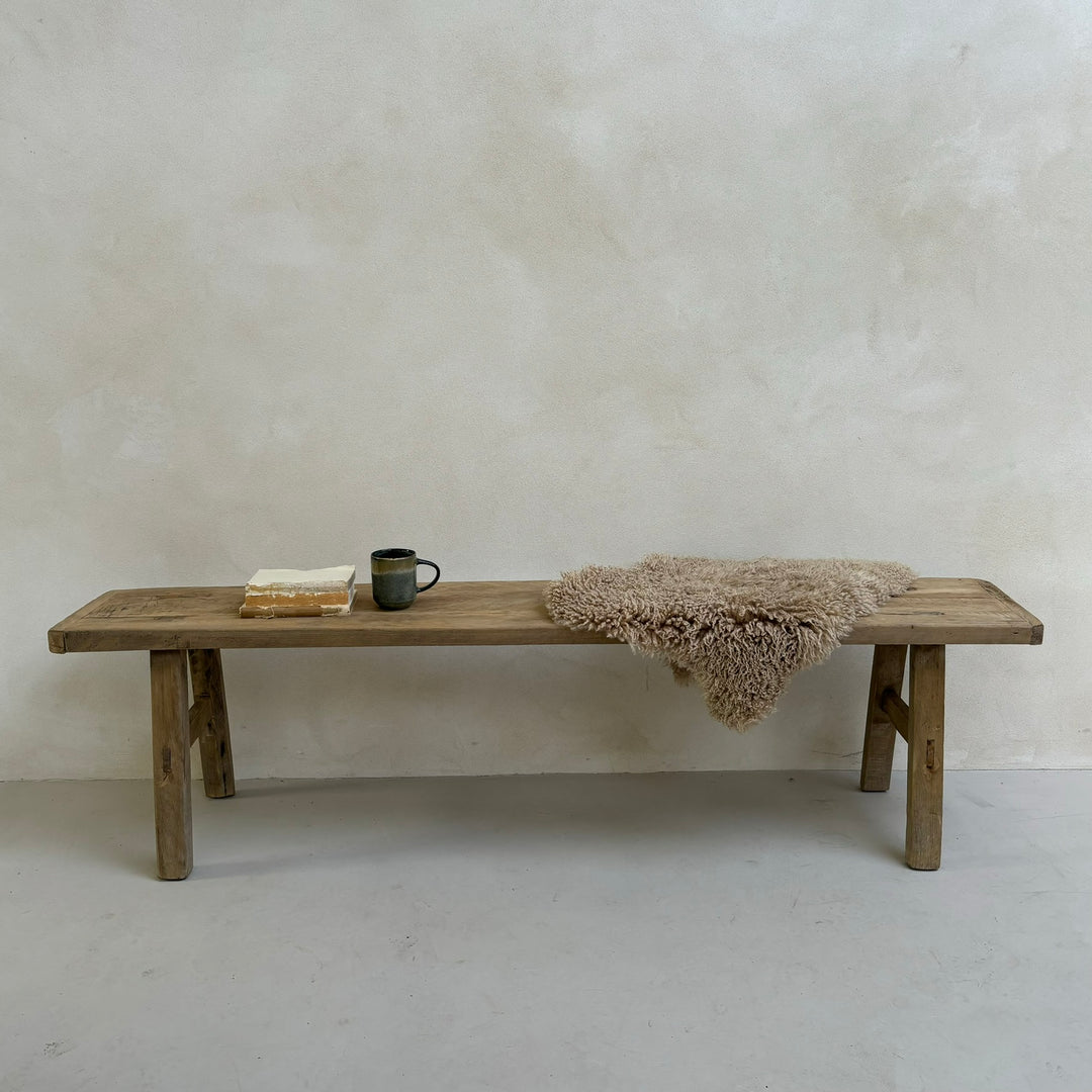 Unique antique elm bench | Bunty styled with a sheepskin throw
