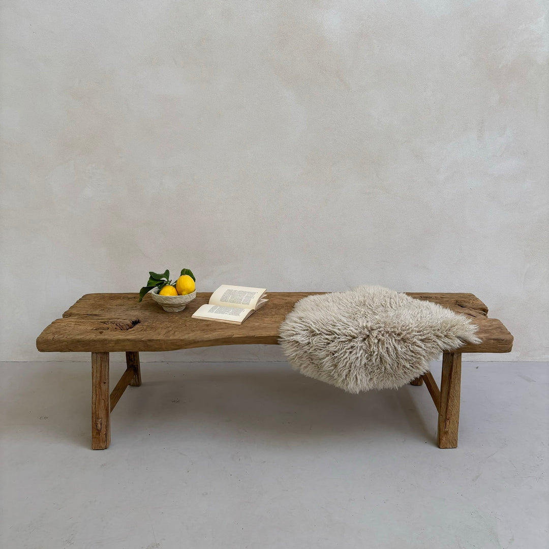 Unique antique elm bench | Rupert styled with a sheepskin and vintage book