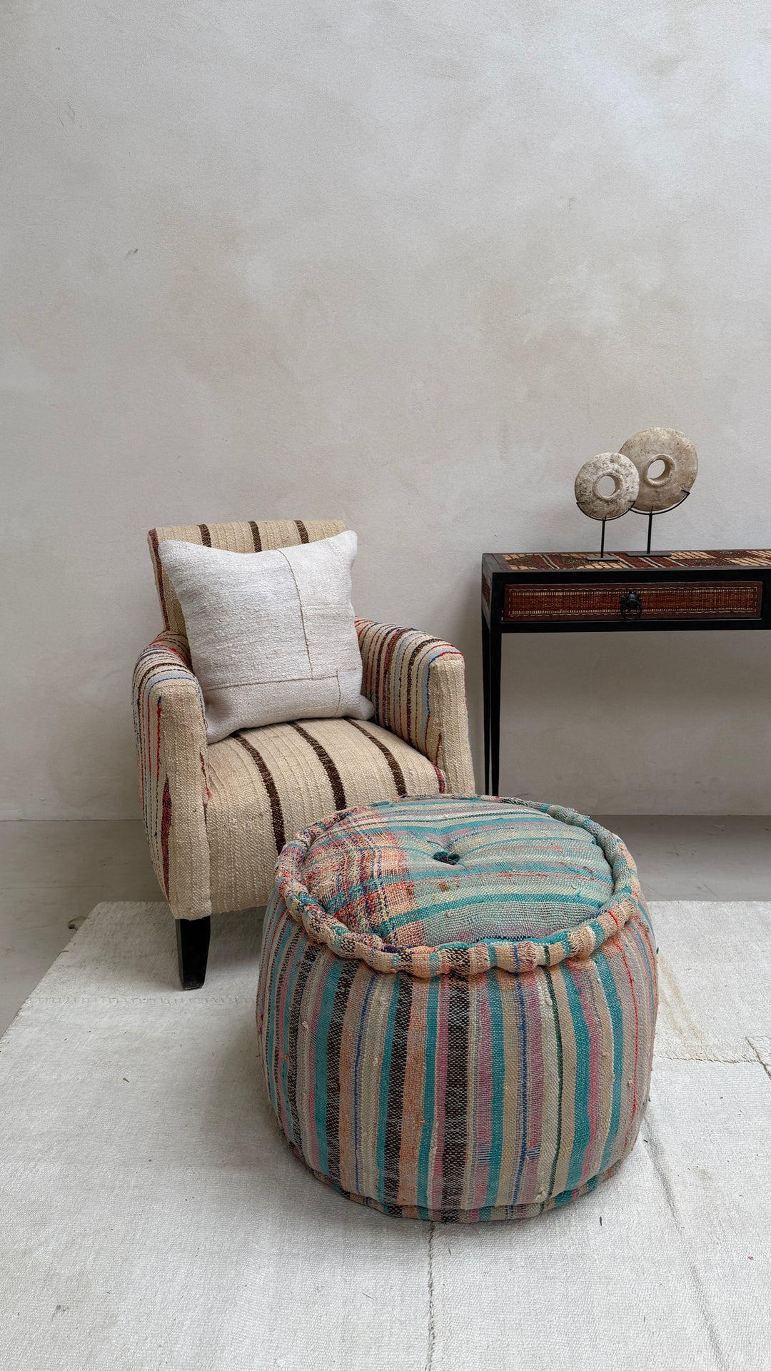 Vintage Moroccan Round Floor Pouf | Large