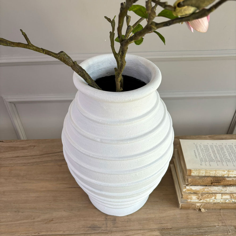 White terracotta ribbed vase aerial view