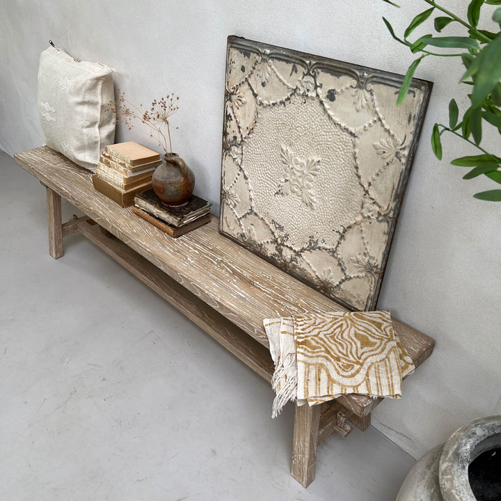 Whitewashed Reclaimed Elm dining bench | Snowdon