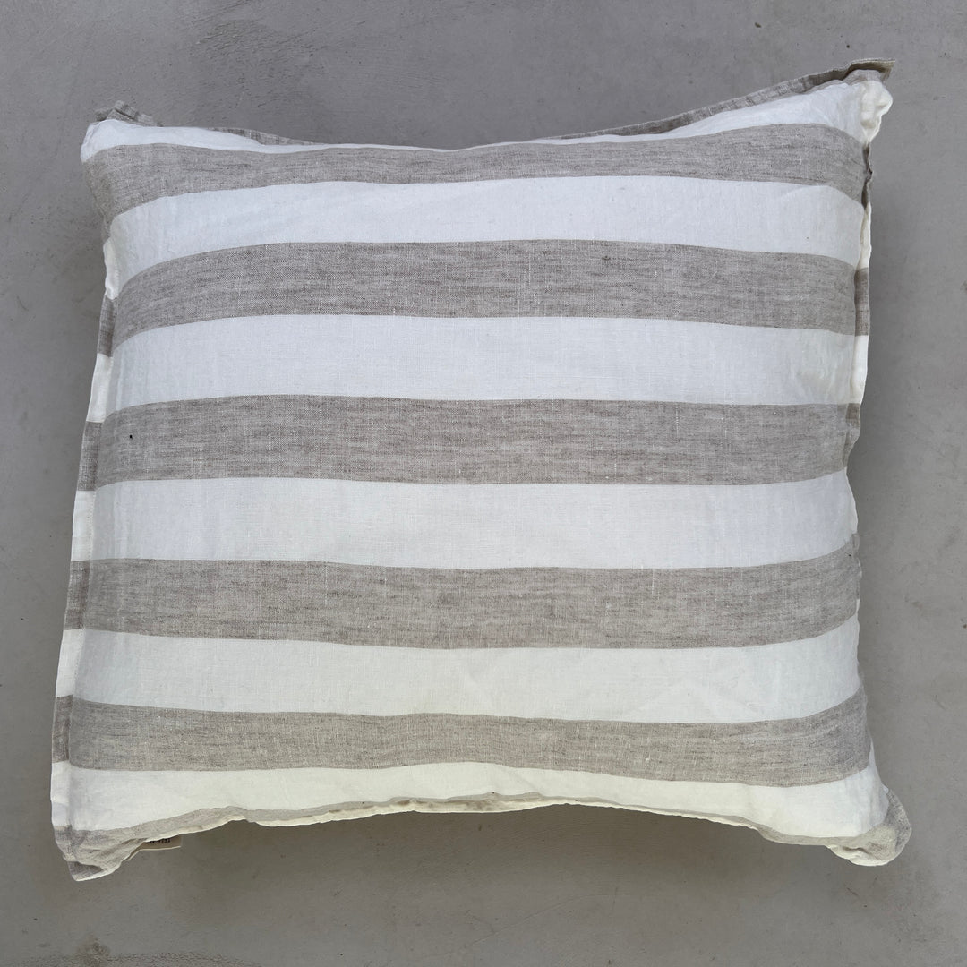 Wide stripe linen cushion front view