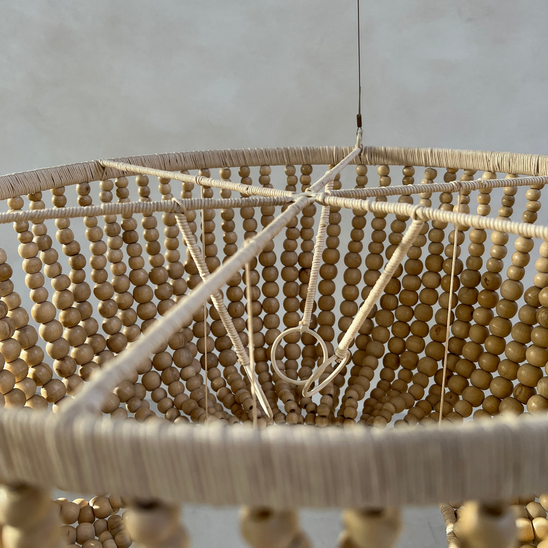 Wooden bead chandelier natural close up