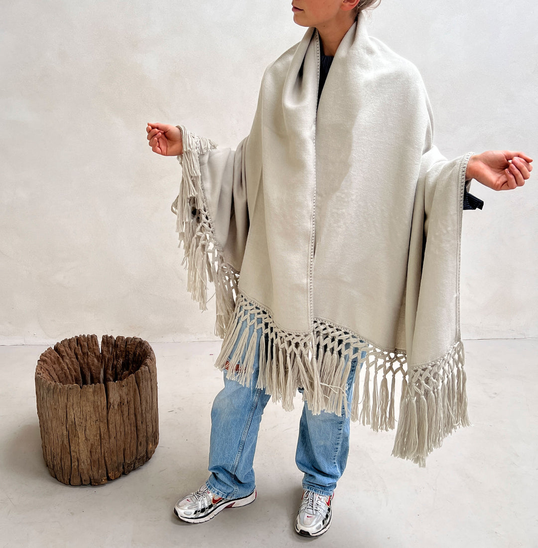 Woven Alpaca Throw Dove used as a shawl