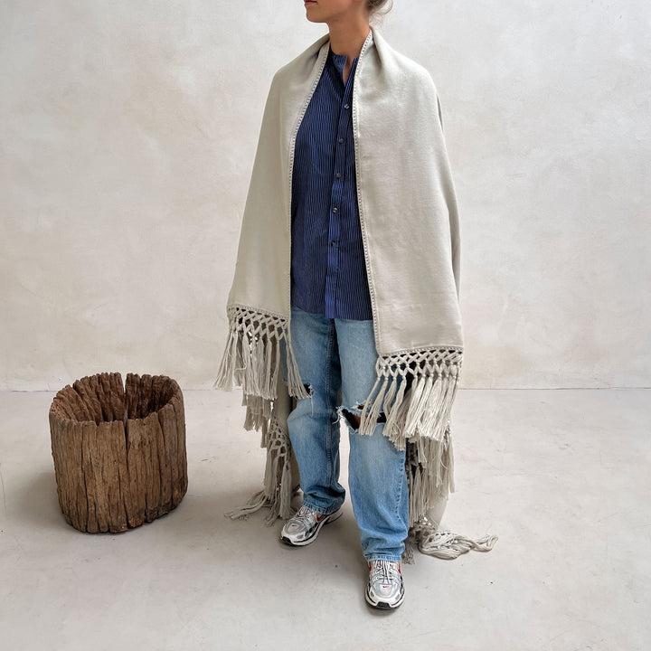 Woven Alpaca Throw Dove used as a cape