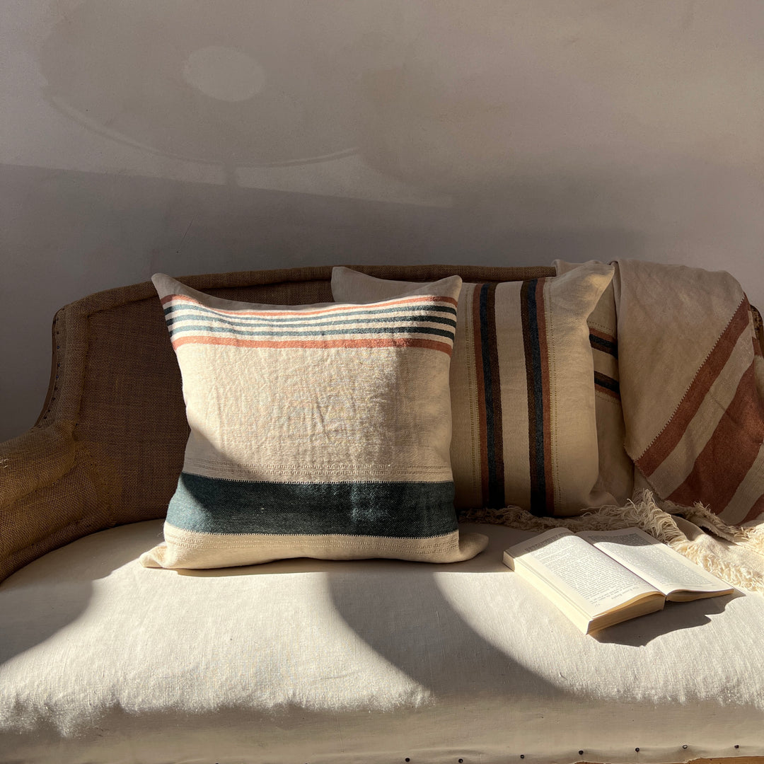 Woven Linen Cushion Indigo & Blush stripes