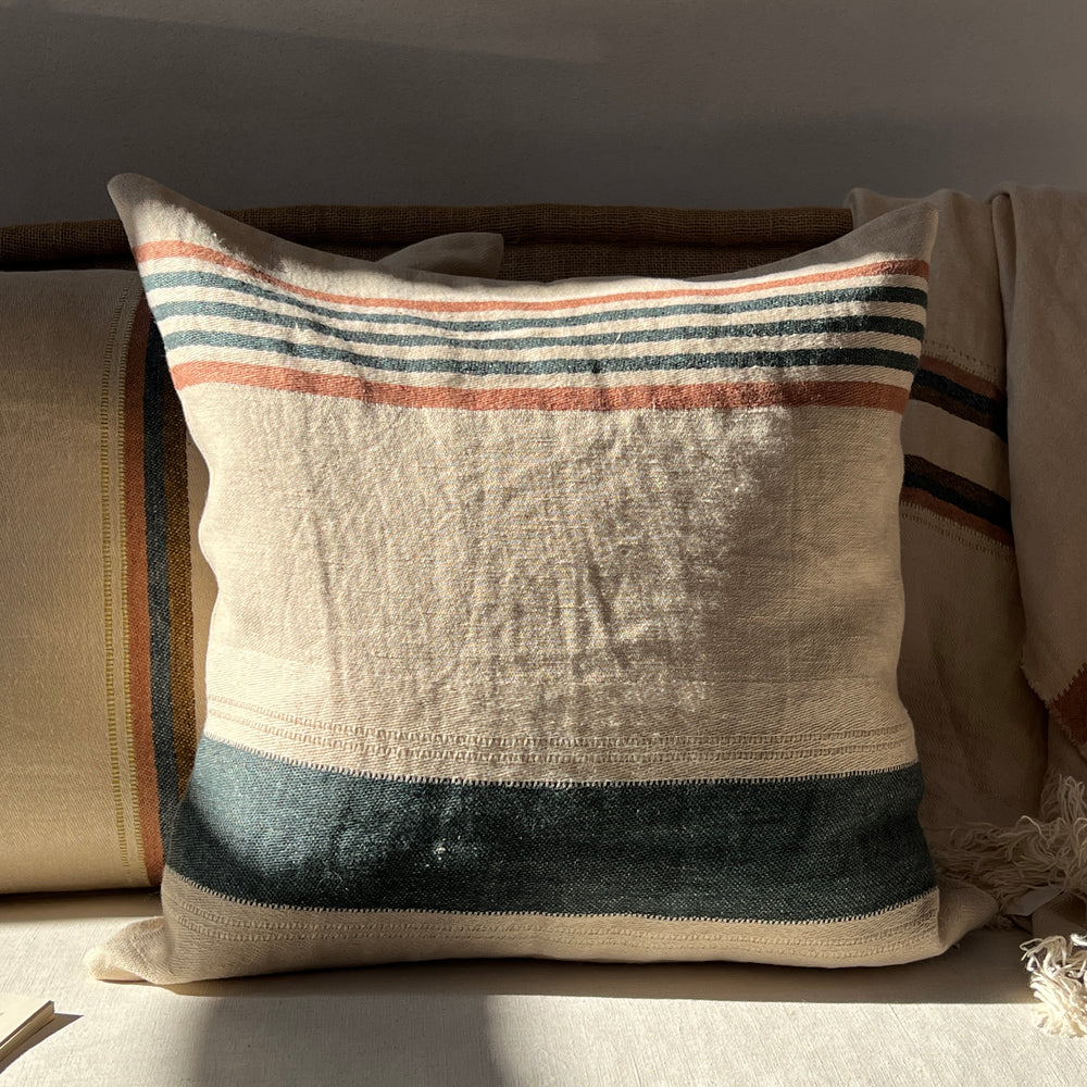 Woven Linen Cushion Indigo & Blush stripes