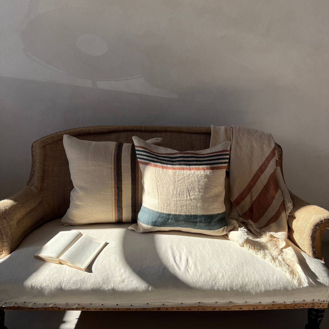 Woven Linen Cushion Indigo & Blush stripes