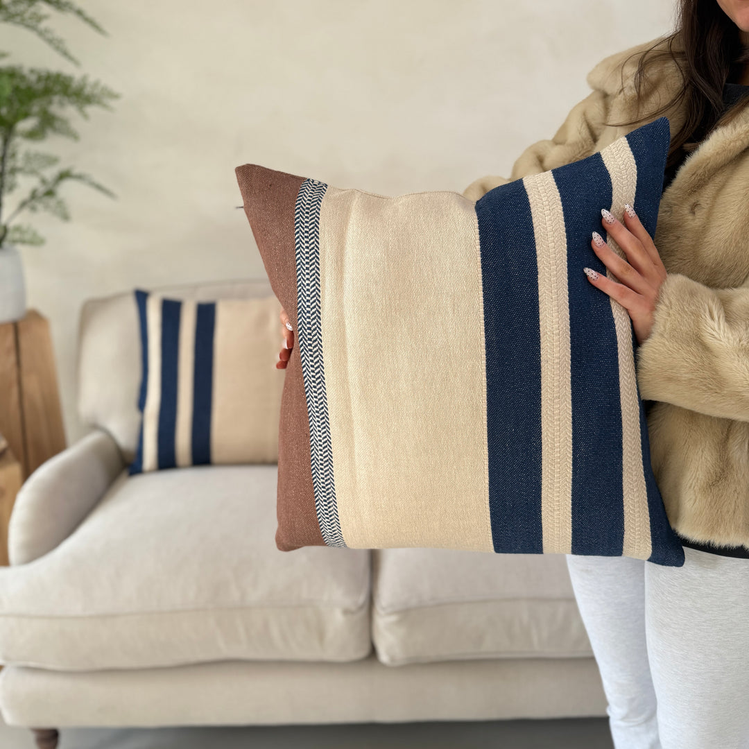 Woven Linen Cushion | Indigo Ochre Stripe
