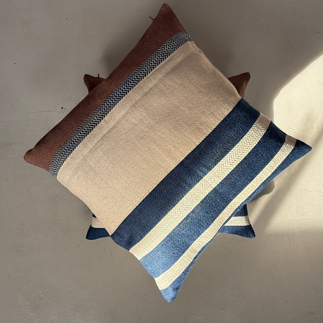 Woven Linen Cushion | Indigo Ochre Stripe