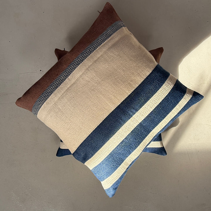 Woven Linen Cushion | Indigo Ochre Stripe