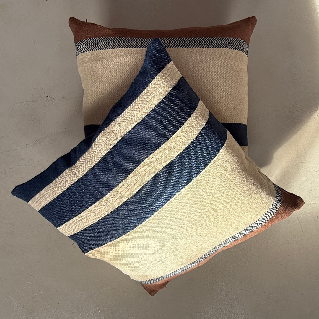 Woven Linen Cushion | Indigo Ochre Stripe