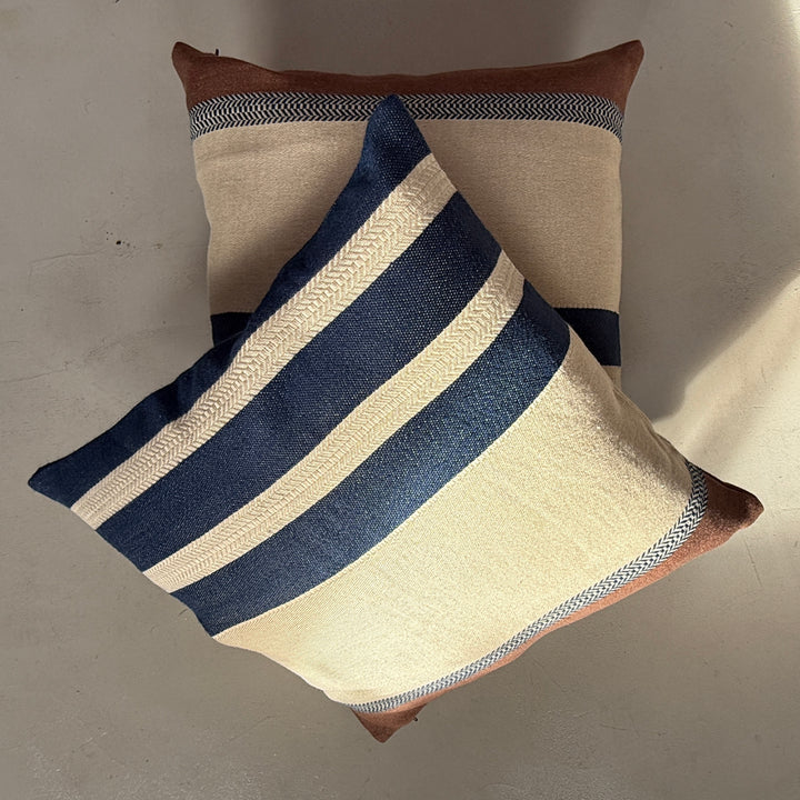 Woven Linen Cushion | Indigo Ochre Stripe