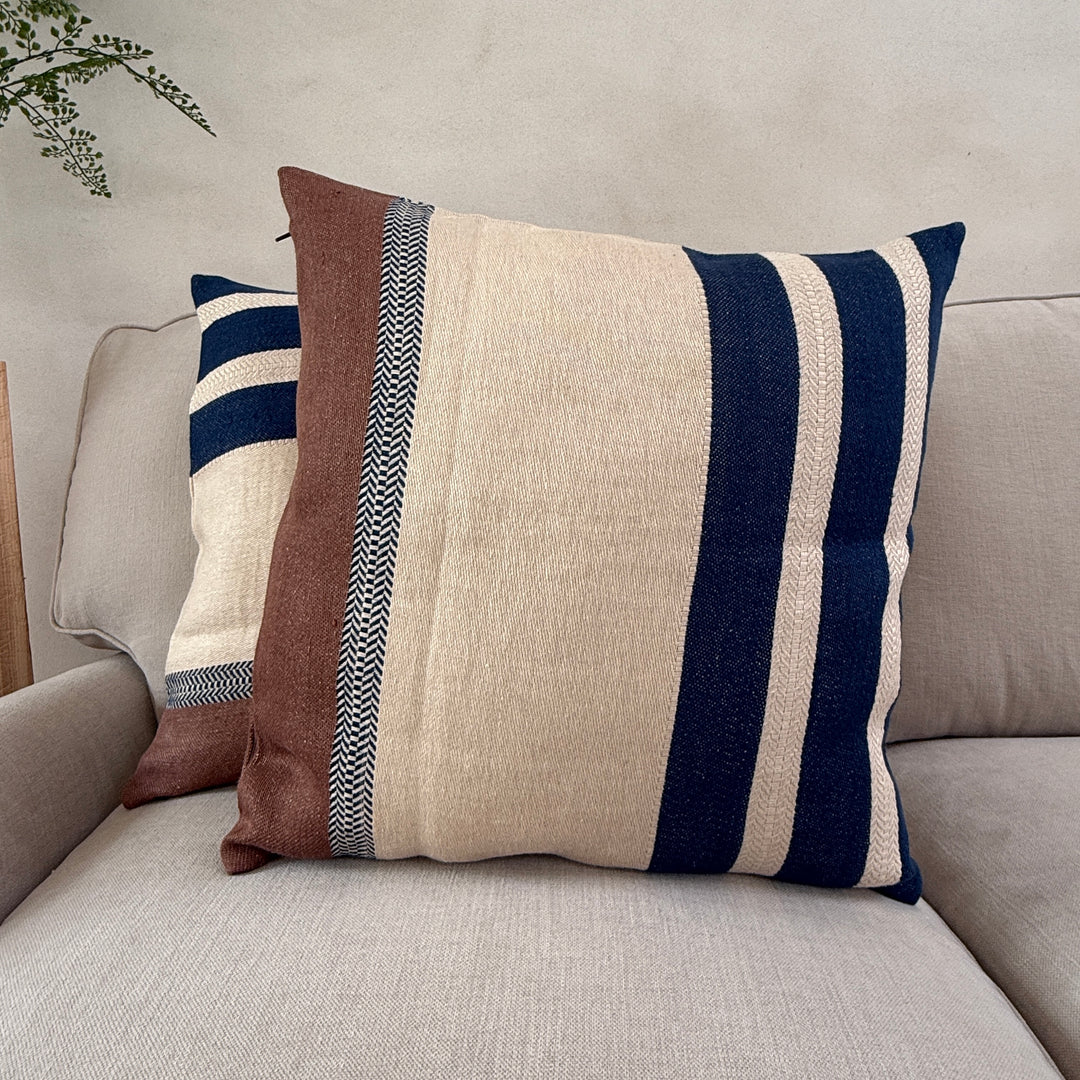 Woven Linen Cushion | Indigo Ochre Stripe 