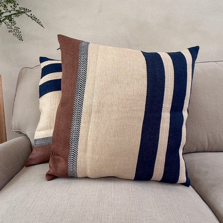 Woven Linen Cushion | Indigo Ochre Stripe 