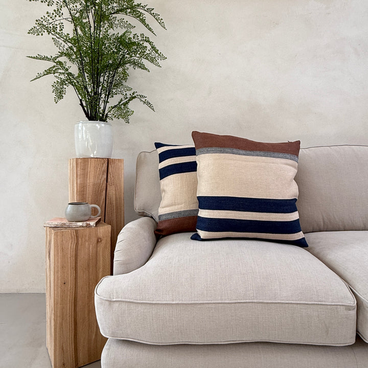 Woven Linen Cushion | Indigo Ochre Stripe