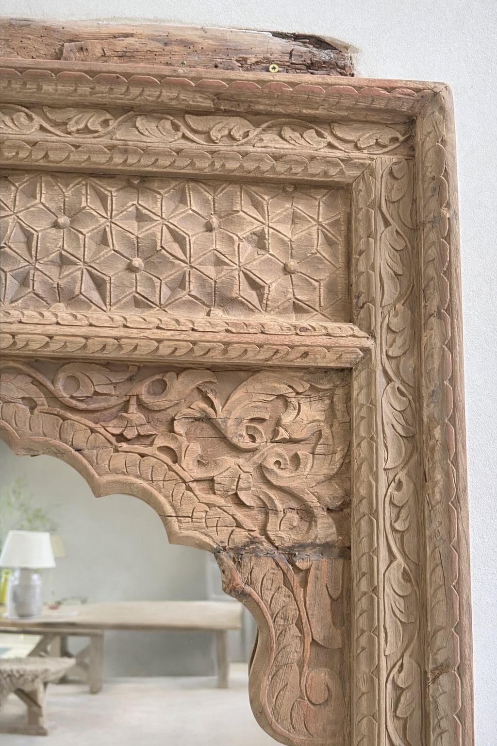 XL Antique Hand-carved arched teak mirror | Ilayah