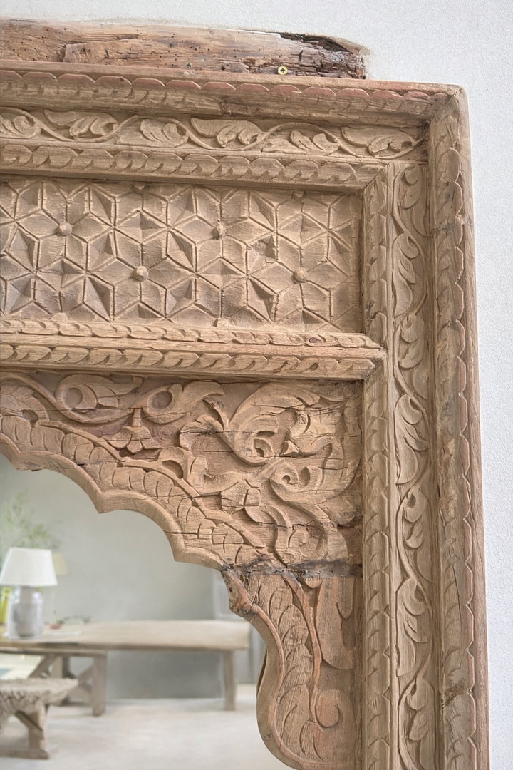 XL Antique Hand-carved arched teak mirror | Ilayah