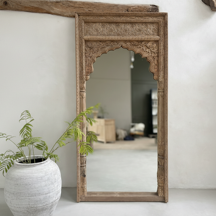 XL Antique Hand-carved arched teak mirror | Ilayah