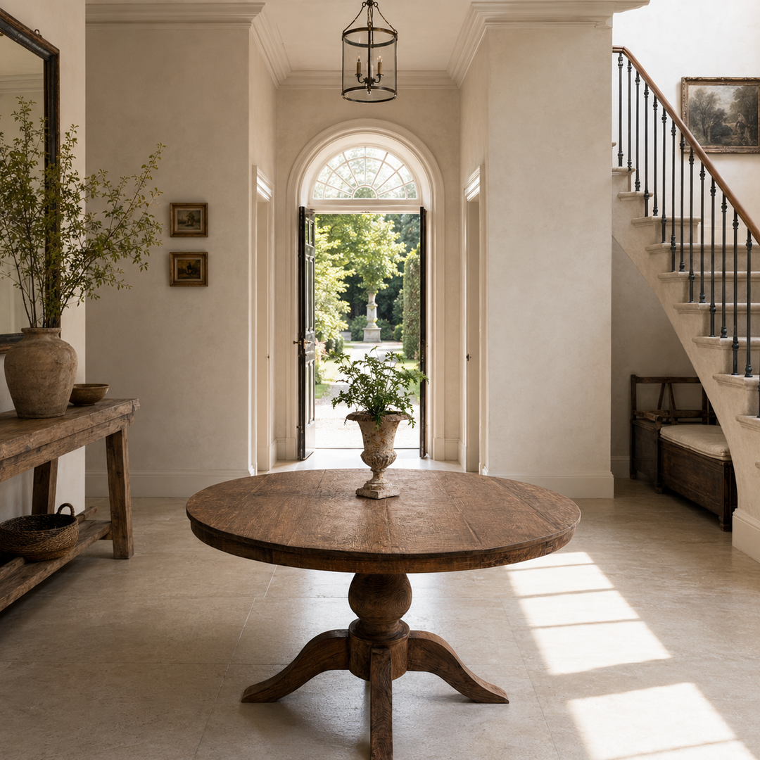 York reclaimed teak round dining table styled as a statement entrance hall table with decorative accessories in a contemporary country home.