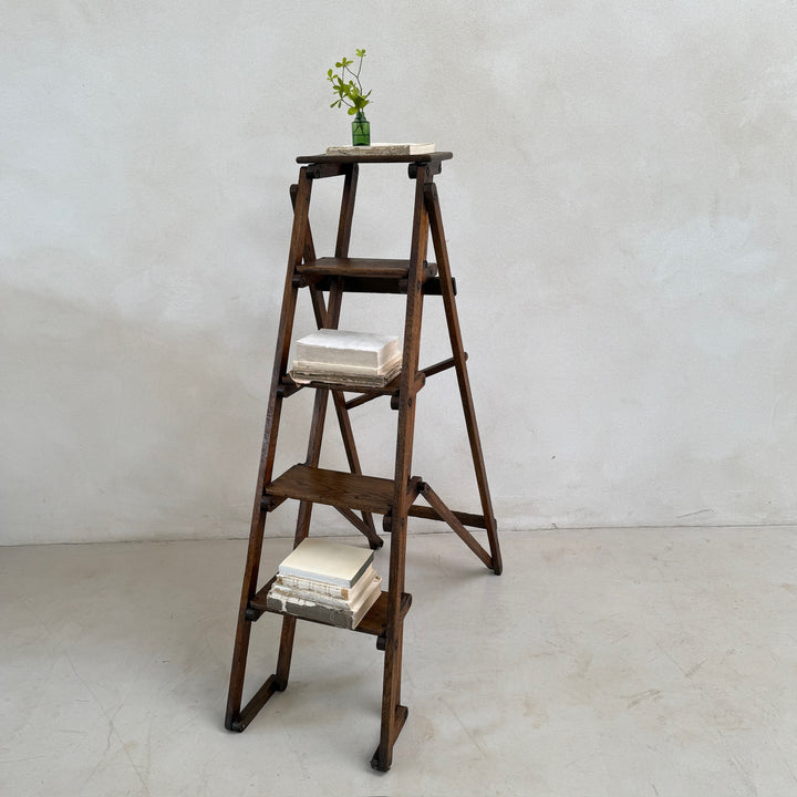 Antique English Library Ladder Margot, an original antique wooden library ladder with collapsible design and rich aged patina.
