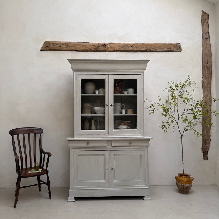 Angled front view of the antique French painted oak Buffet Deux Corps cabinet.
