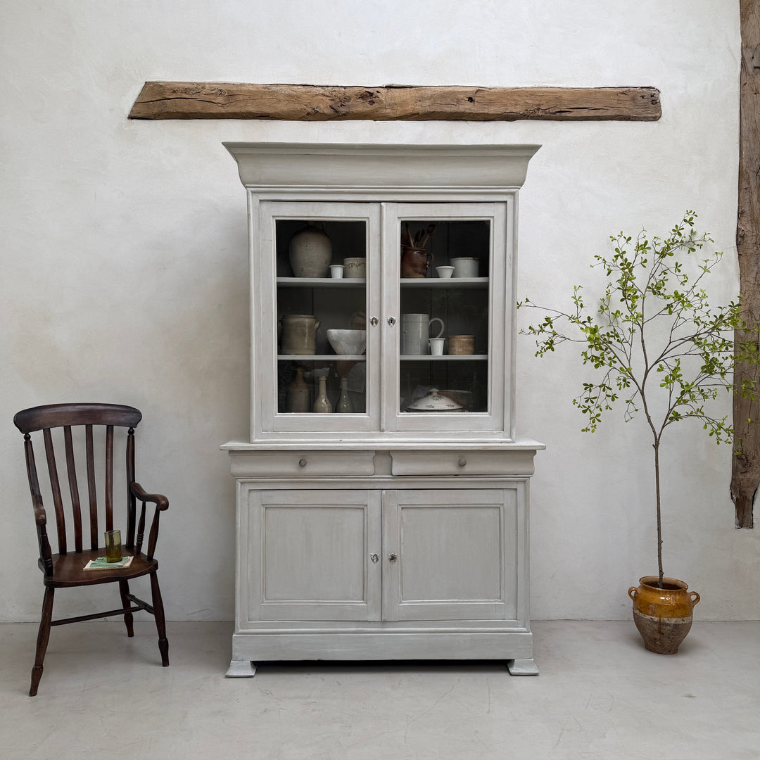 Front view of the antique French painted oak Buffet Deux Corps cabinet.
