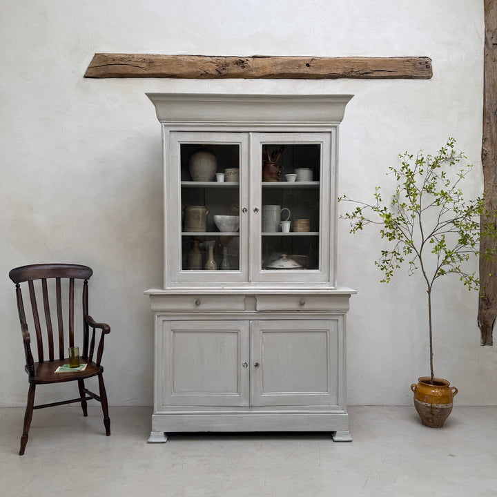 Front view of the antique French painted oak Buffet Deux Corps cabinet.
