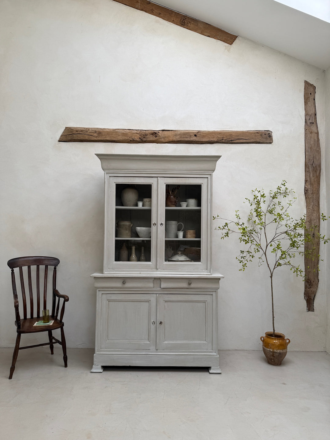 Full-height view of the antique French painted oak Buffet Deux Corps cabinet.
