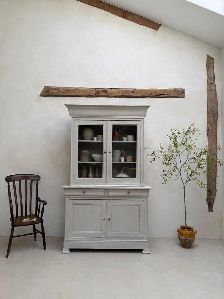 Full-height view of the antique French painted oak Buffet Deux Corps cabinet.
