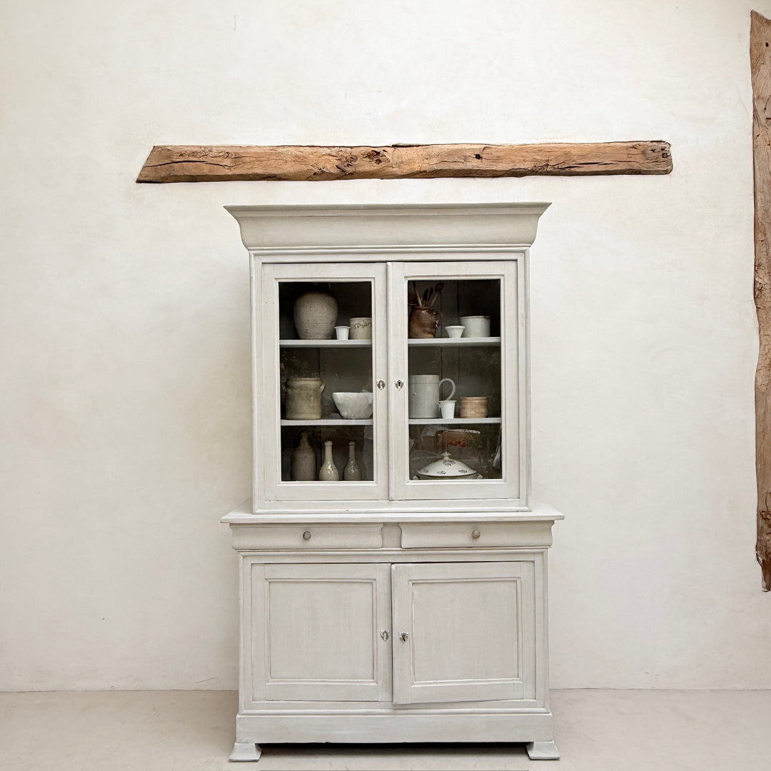 Front elevation of the antique French painted oak Buffet Deux Corps cabinet.

