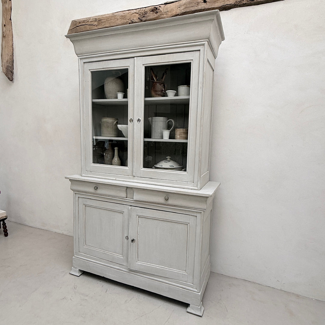 Side angle of the antique French painted oak Buffet Deux Corps cabinet.
