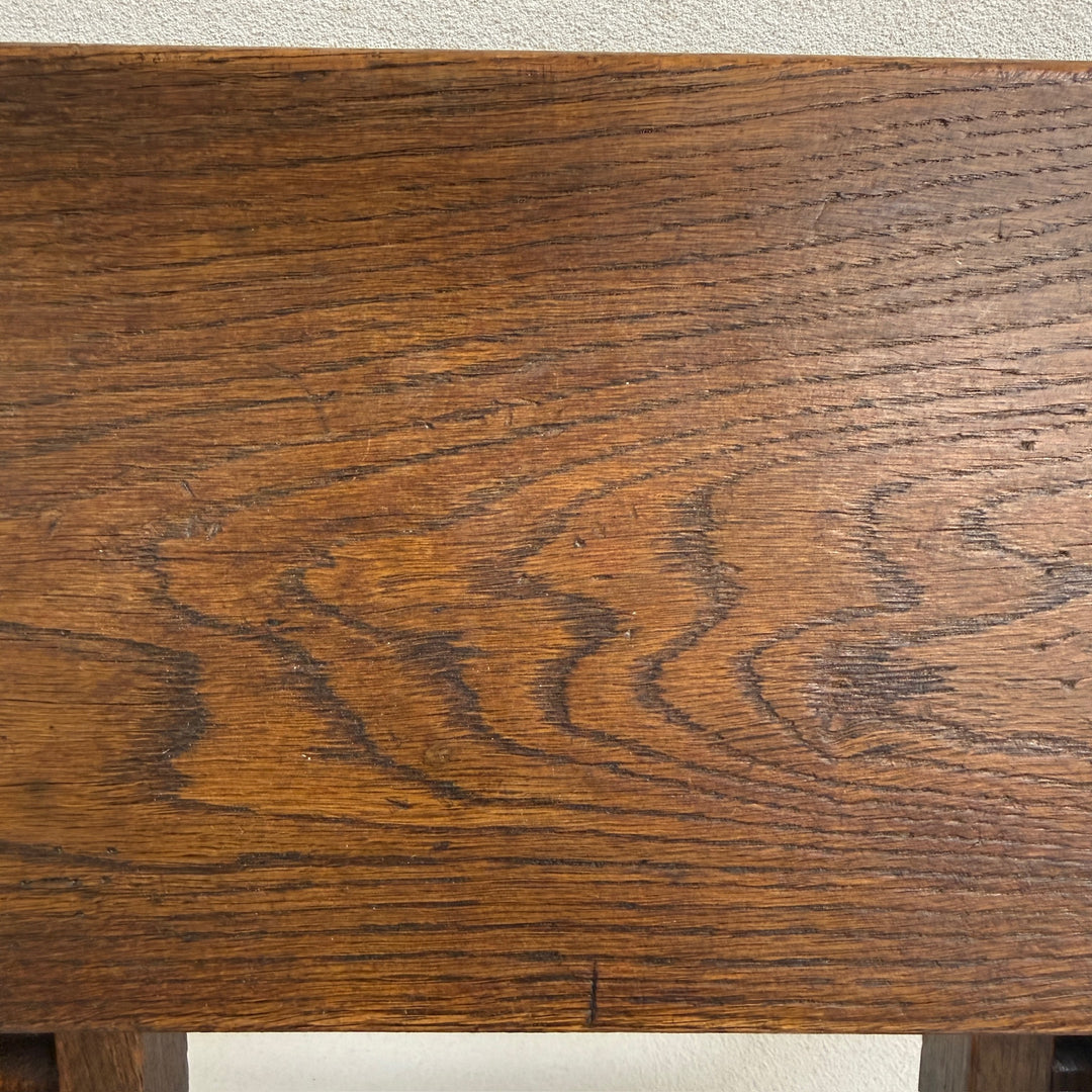 Close-up showing the beautiful aged timber grain and rich patina of the Antique English Library Ladder Margot.

