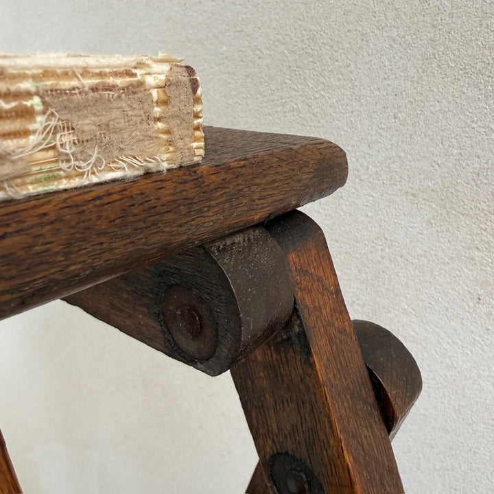 Close-up of the solid timber top platform on the Antique English Library Ladder Margot.