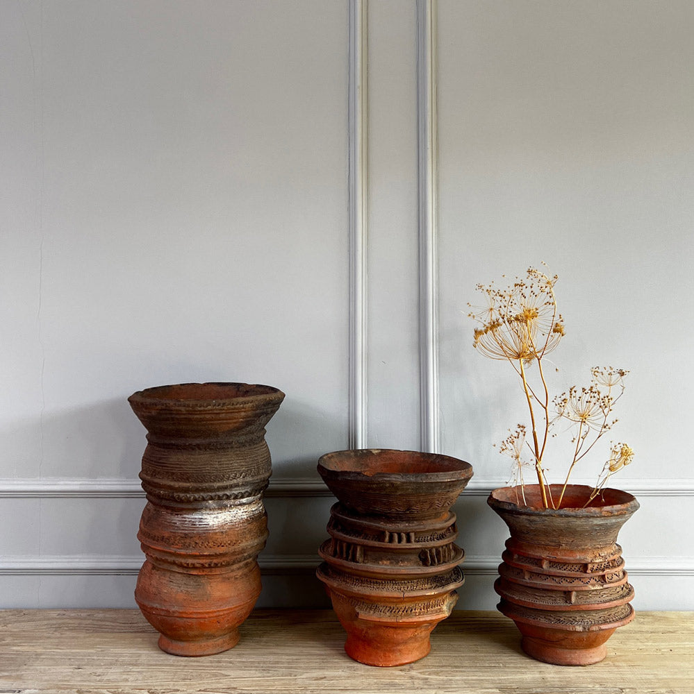 antique nigerian nupe clay pot x3