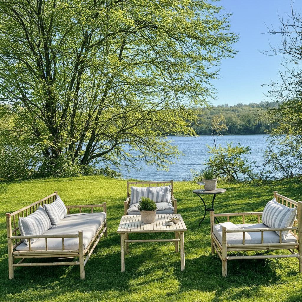 Outdoor furniture set on a grassy area near a body of water with trees in the background.
