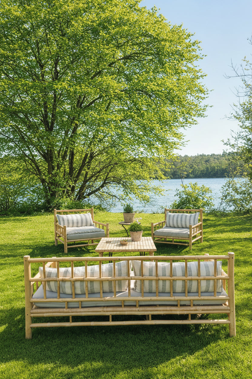 Outdoor seating area with bamboo sofa and wooden chairs by a lake