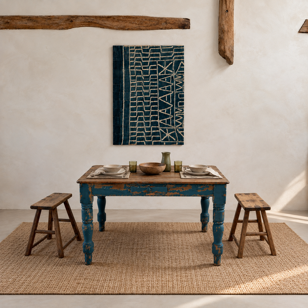 Antique Victorian Pine Dining Table with Original Blue Paint