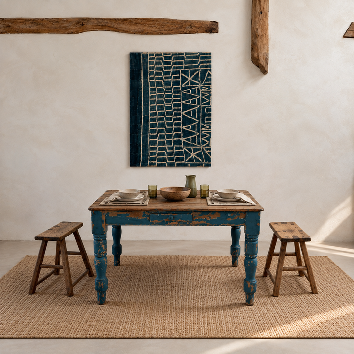 Antique Victorian Pine Dining Table with Original Blue Paint