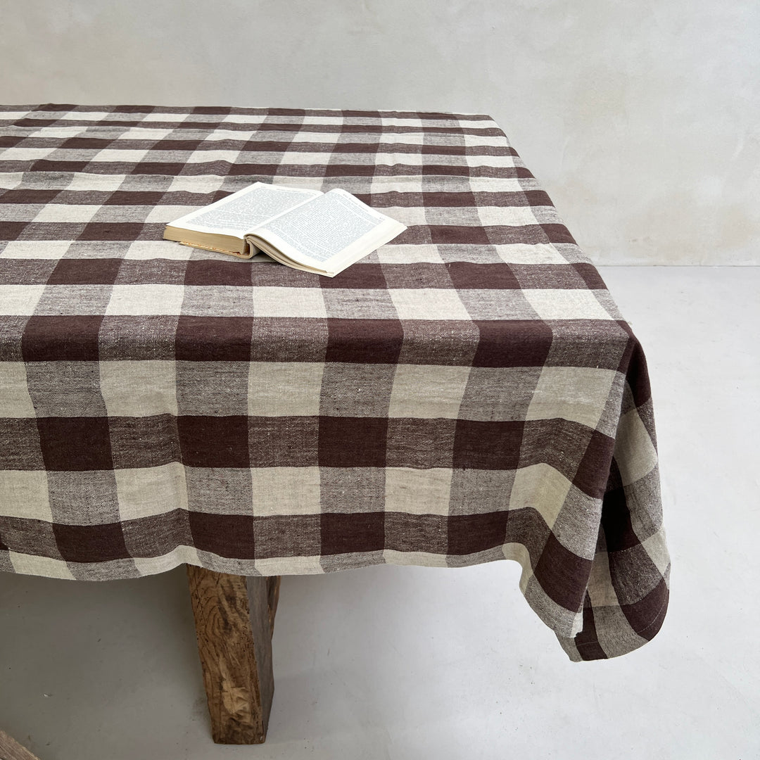 brown checked linen table cloth1