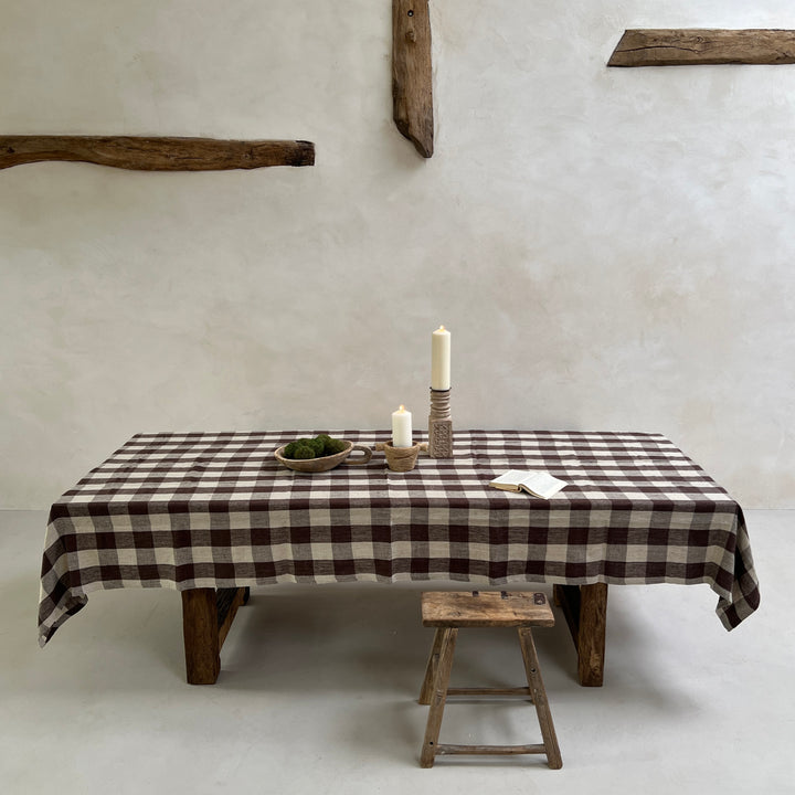 brown checked linen table cloth