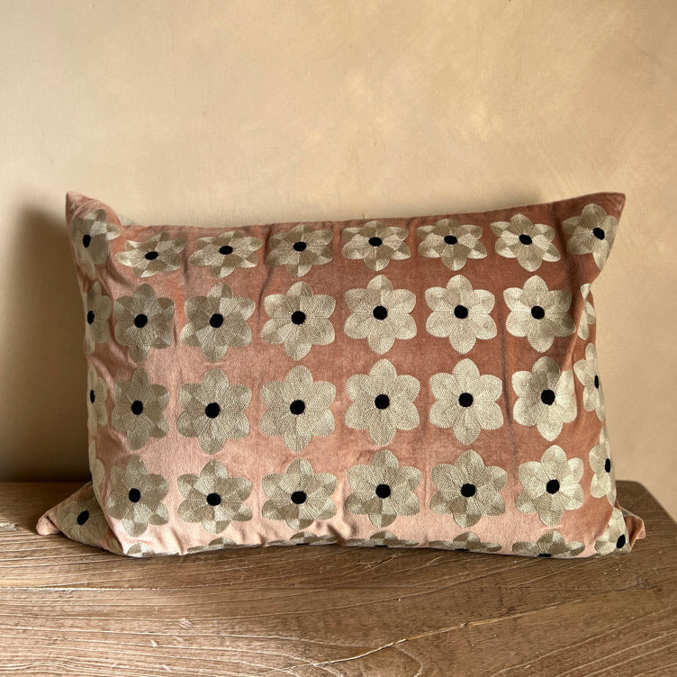 Daisy Embroidered Velvet Cushion