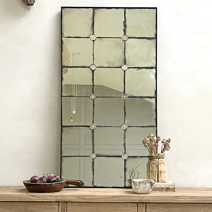 Foxed antiqued mirror Flower Detail 121x61cm | Fenella