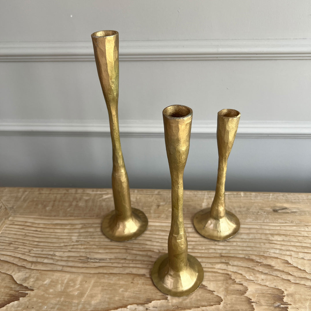 Hammered gold candlestick Holder group of three