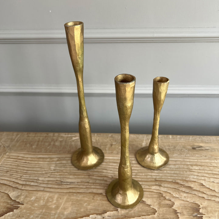 Hammered gold candlestick Holder group of three