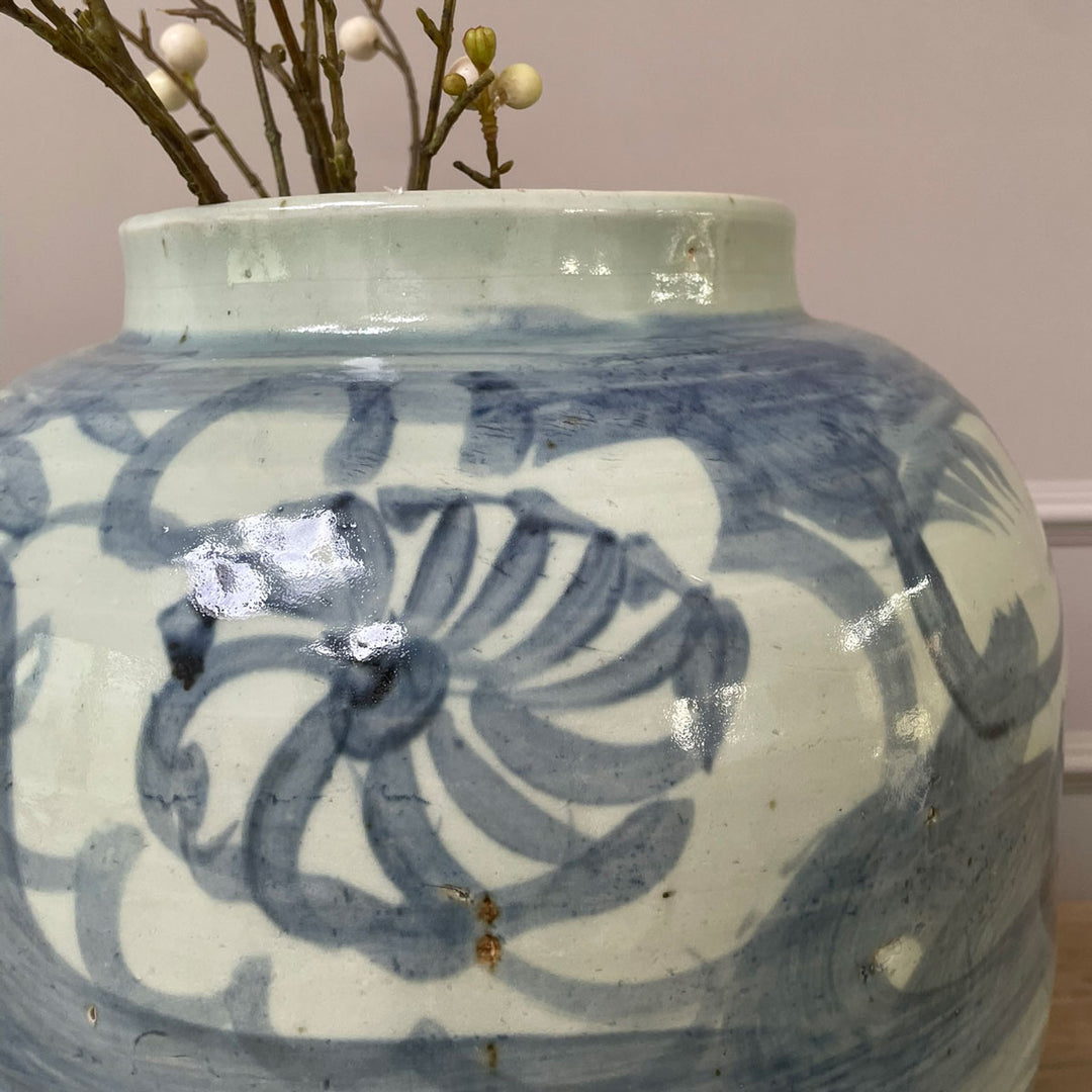Large floral hand painted vase blue