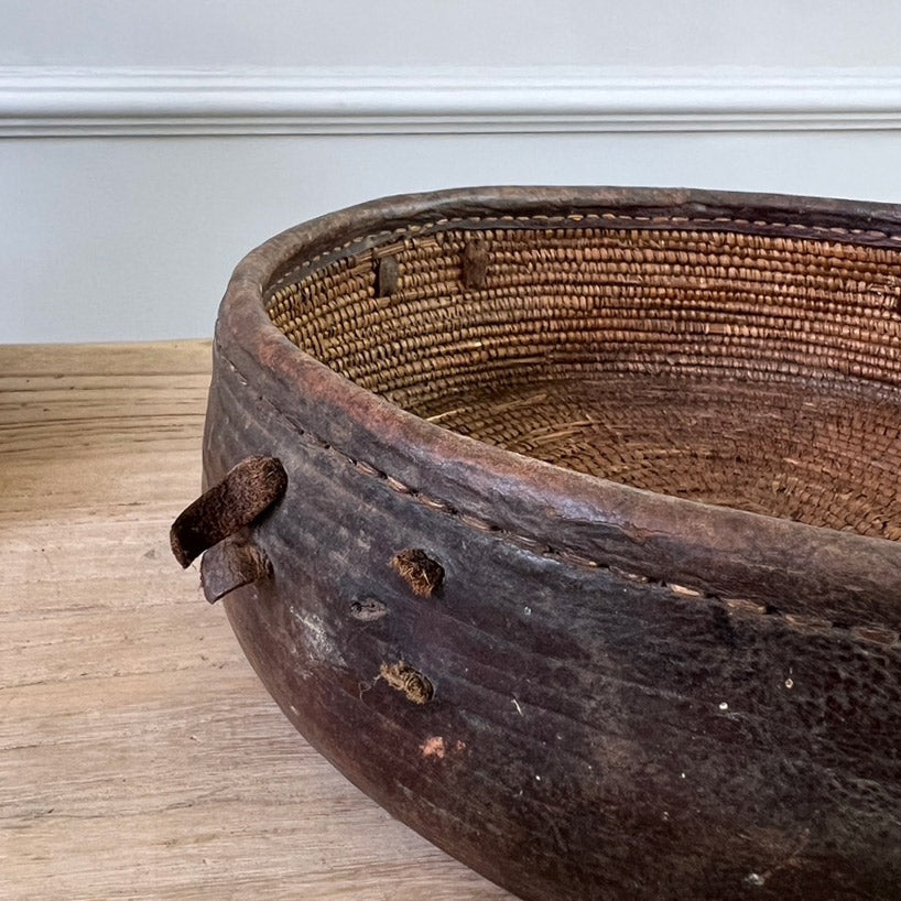Antique African Leather Basket Bowl