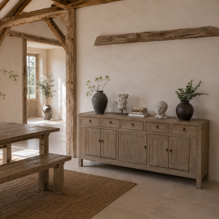Reclaimed light wood sideboard in a bright rustic barn conversion dining room with exposed oak beams, plaster walls, a matching dining bench and natural sunlight.